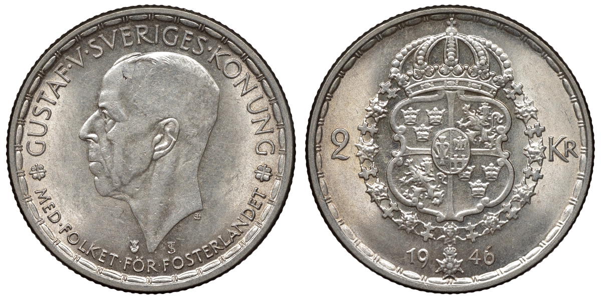 Швеция 2 кроны 1946 TS, Густав V (1907-1950) KM 815 серебро 1531-333