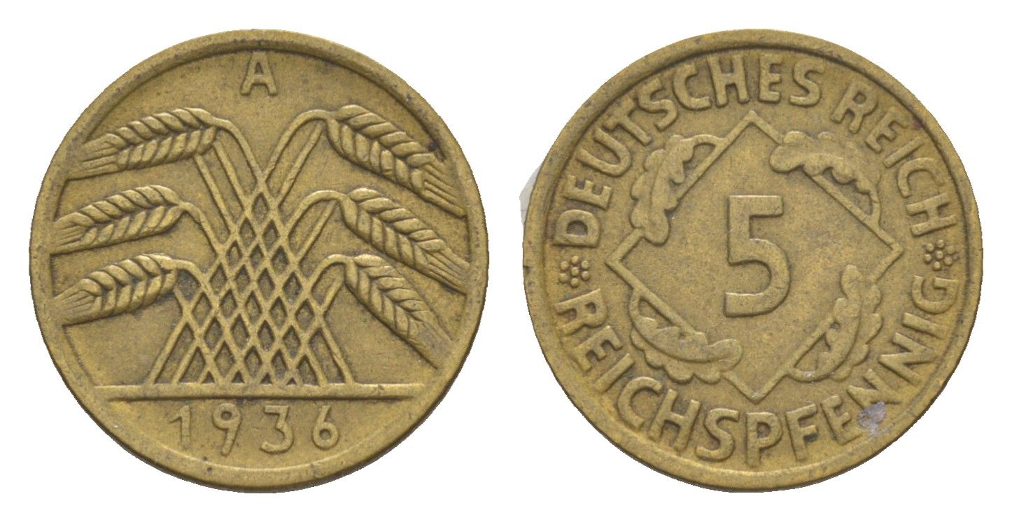 Германия 5 рейхспфеннигов 1936 A KM 39, J. 316 алюминиевая бронза 4549-463