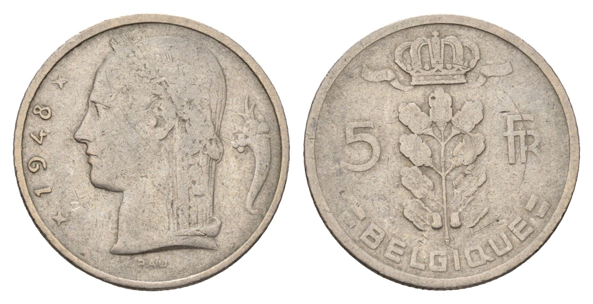 Бельгия 5 франков 1948 Belgique KM 134 медно-никель 210-1026