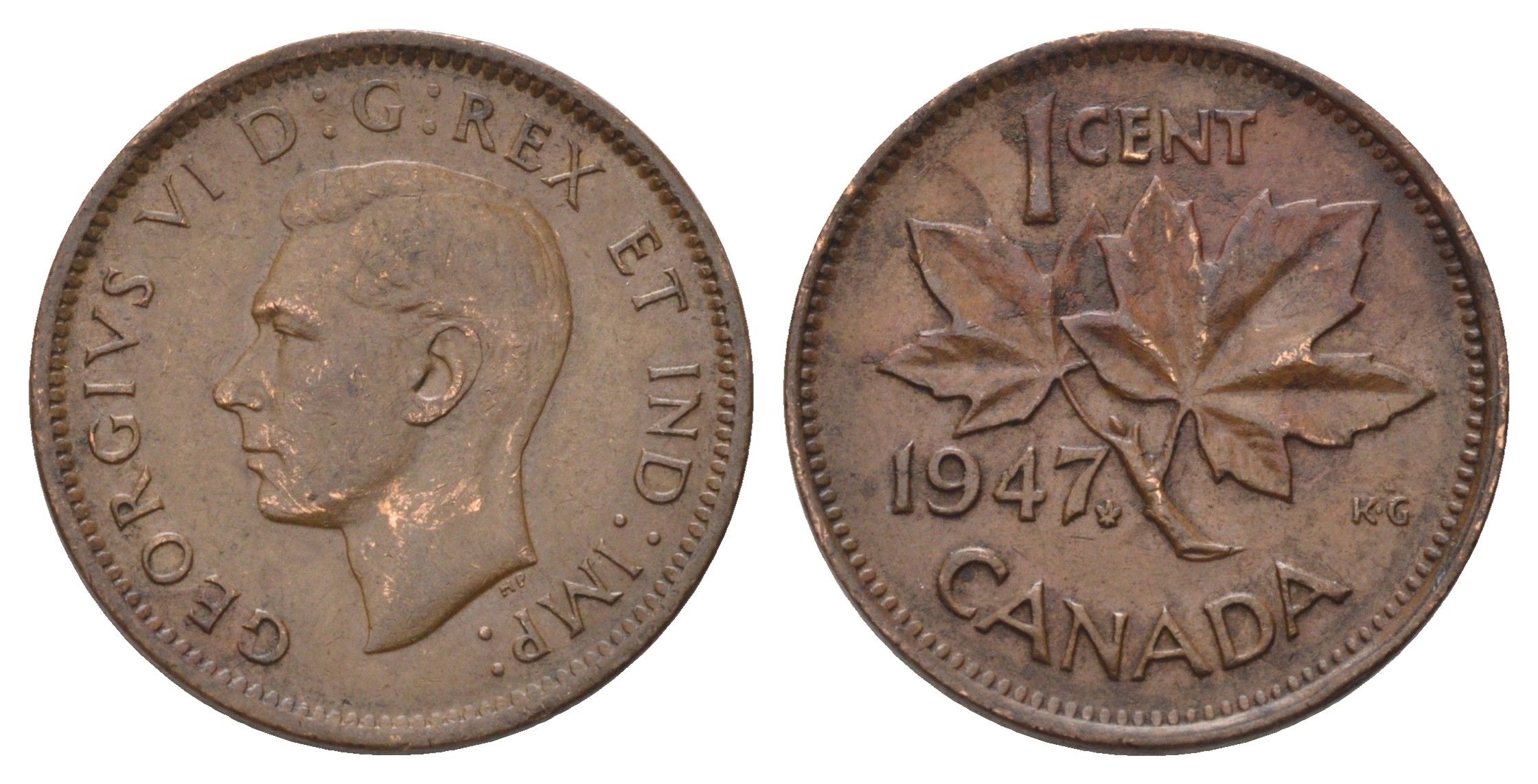 Канада 1 цент 1947 Leaf, Георг VI (1936-1952), кленовый лист KM 32 бронза 4689-321