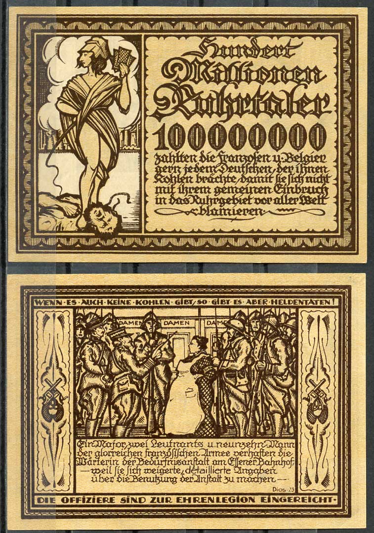 Германия, Рурская область 100000000 рурских талеров 1923 нотгельд пропаганды бумага UNC (пресс) 444-59-1-1