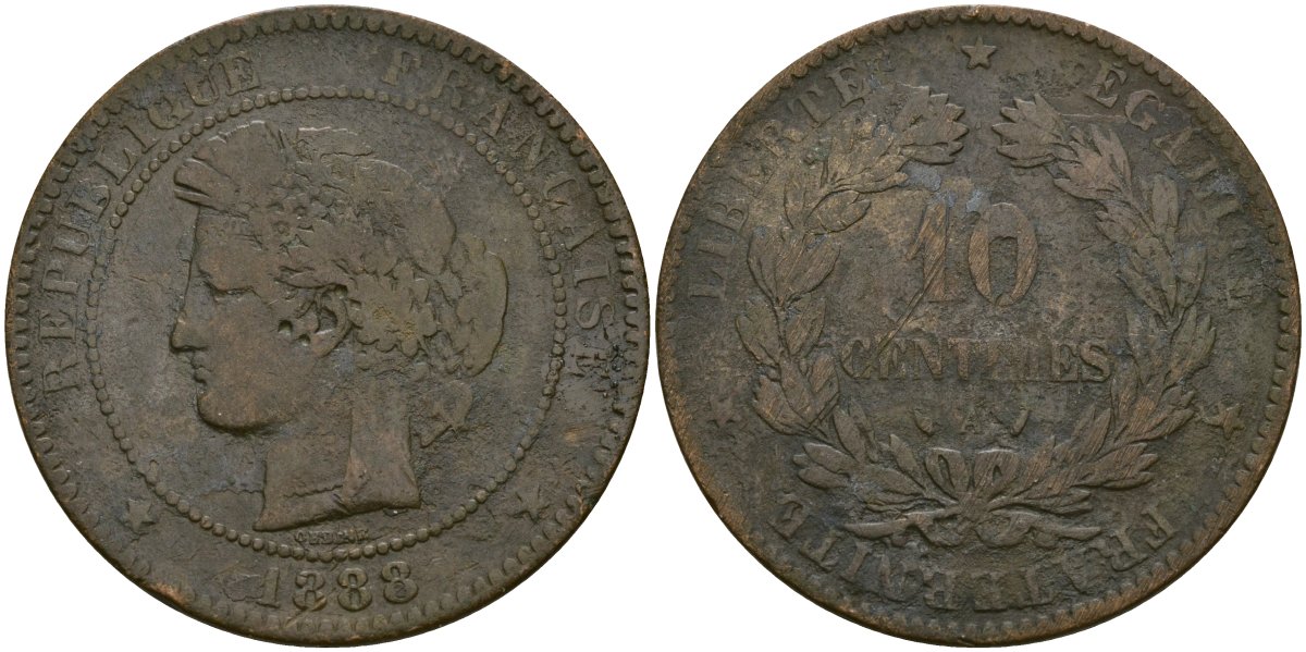 Франция 10 сантимов 1888 A, Третья республика (1871-1940) KM 815.1, Le Franc 135.33 бронза 4123-123