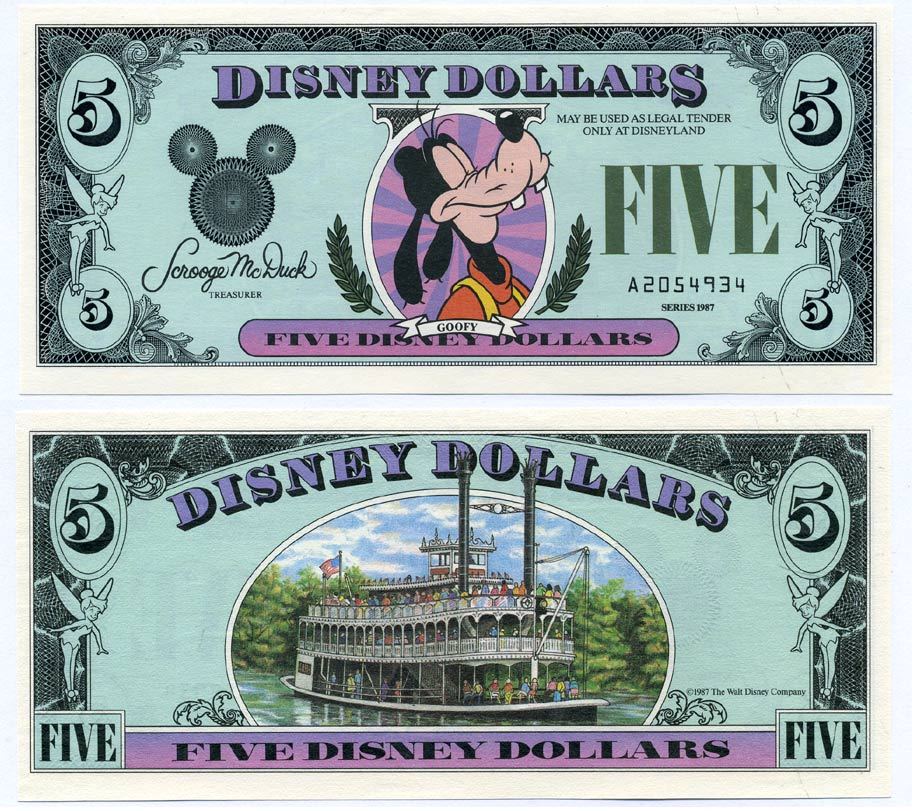 США 5 ДИСНЕЙ ДОЛЛАРОВ 1987 СЕРИЯ А, ГУФФИ бумага UNC (ПРЕСС) 7486-1-3