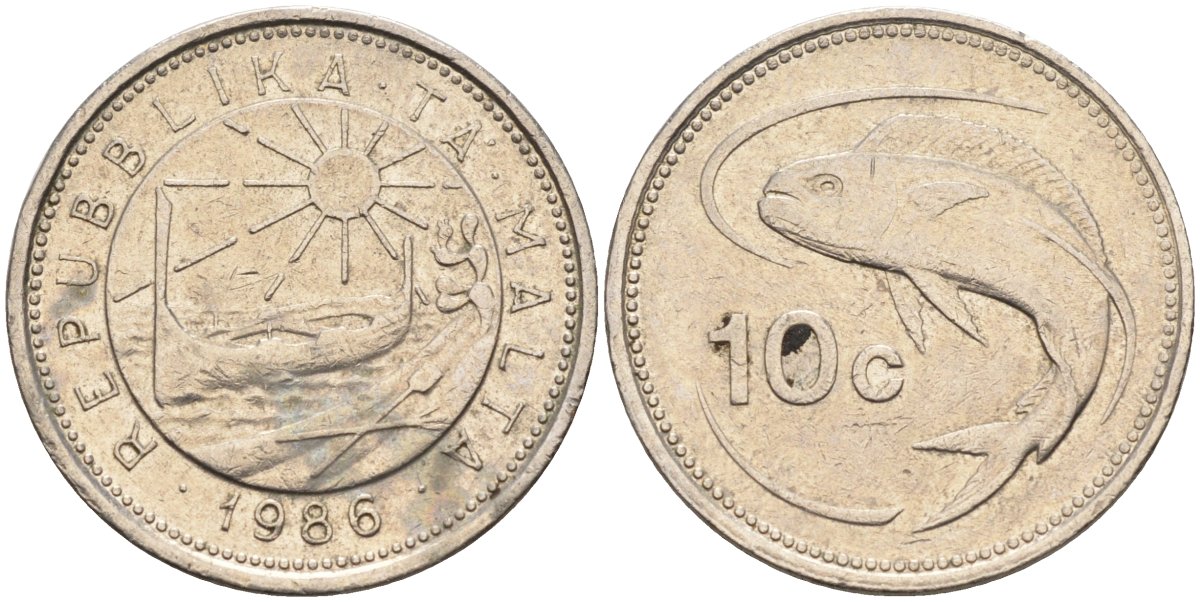 Мальта 10 центов 1986 золотая макрель KM 76 медно-никель 4588-215