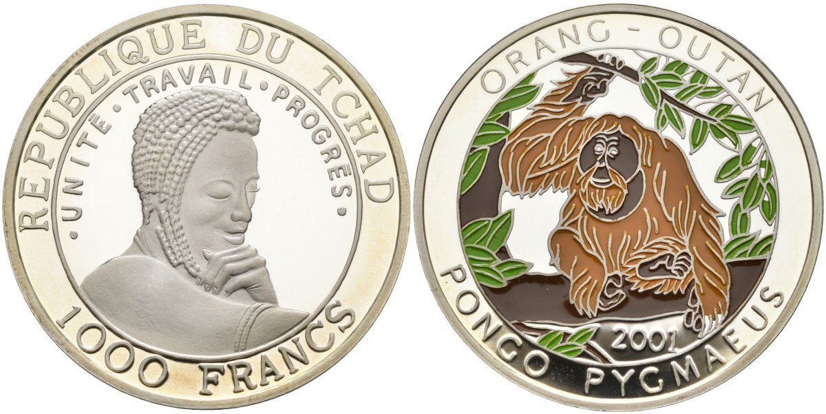 Чад 1000 франков 2001 орангутан KM 29 серебро PROOF 04-317-34