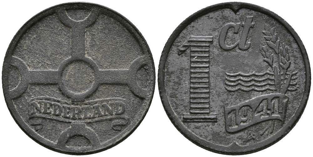 НИДЕРЛАНДЫ 1 ЦЕНТ 1941 ВИЛЬГЕЛЬМИНА (1890-1948) KM 170 цинк 176-724