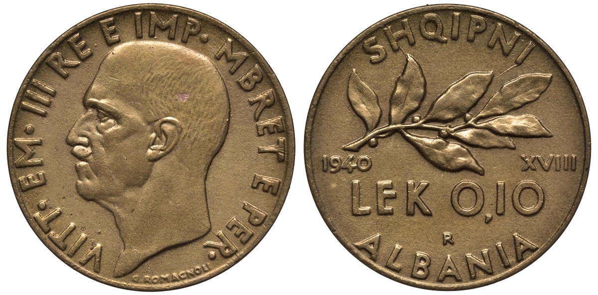 Албания 0,1 лека 1940 R, Итальянская оккупация KM 28 алюминиевая бронза UNC 441-433