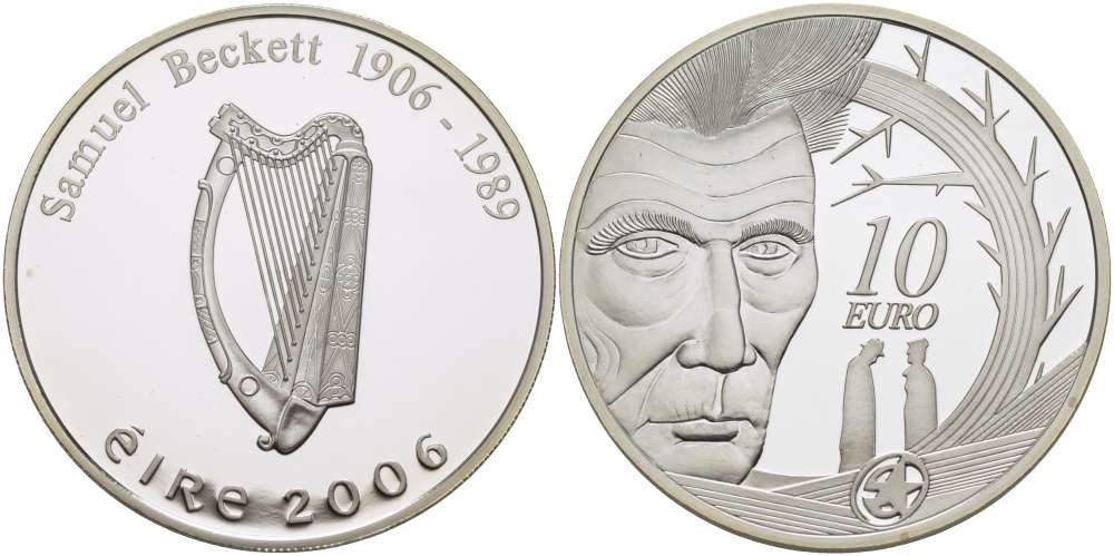 Ирландия 10 евро 2006 100 лет со дня рождения Сэмюэля Беккета, писатель, драматург, нобелевский лауреат KM 45 серебро PROOF 02-040-12