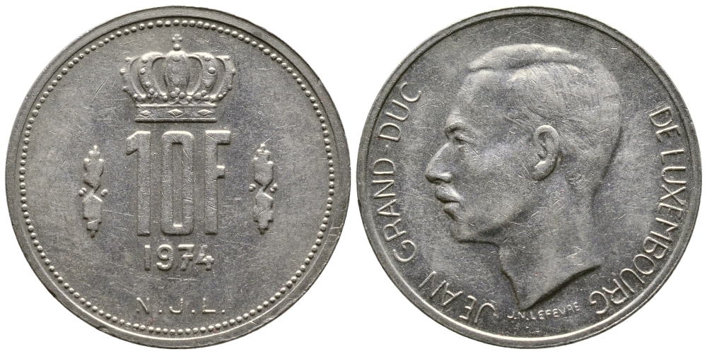 ЛЮКСЕМБУРГ 10 ФРАНКОВ 1974 KM 57 никель 91-124