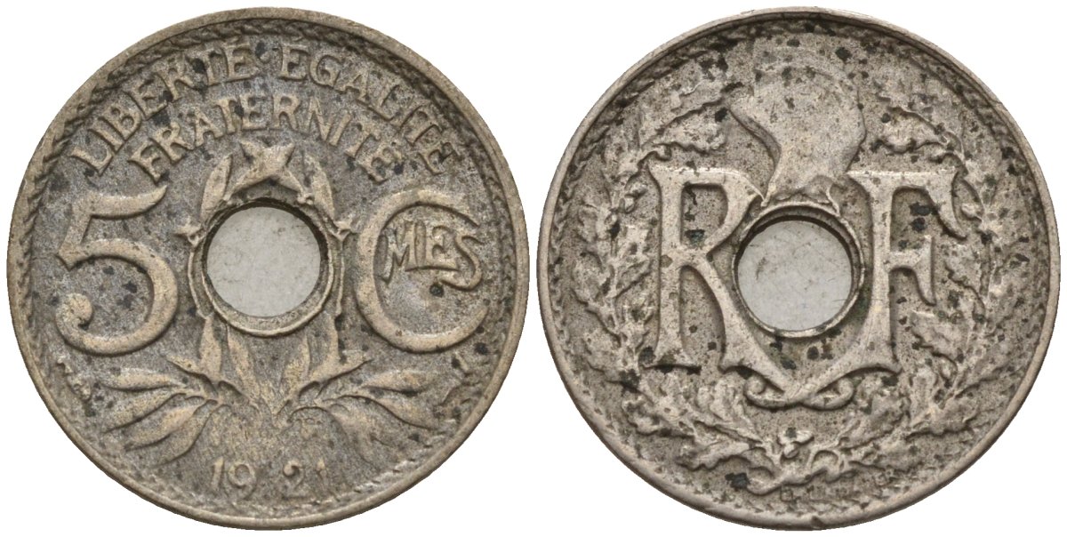 Франция 5 сантимов 1921 KM 875 медно-никель 4596-449