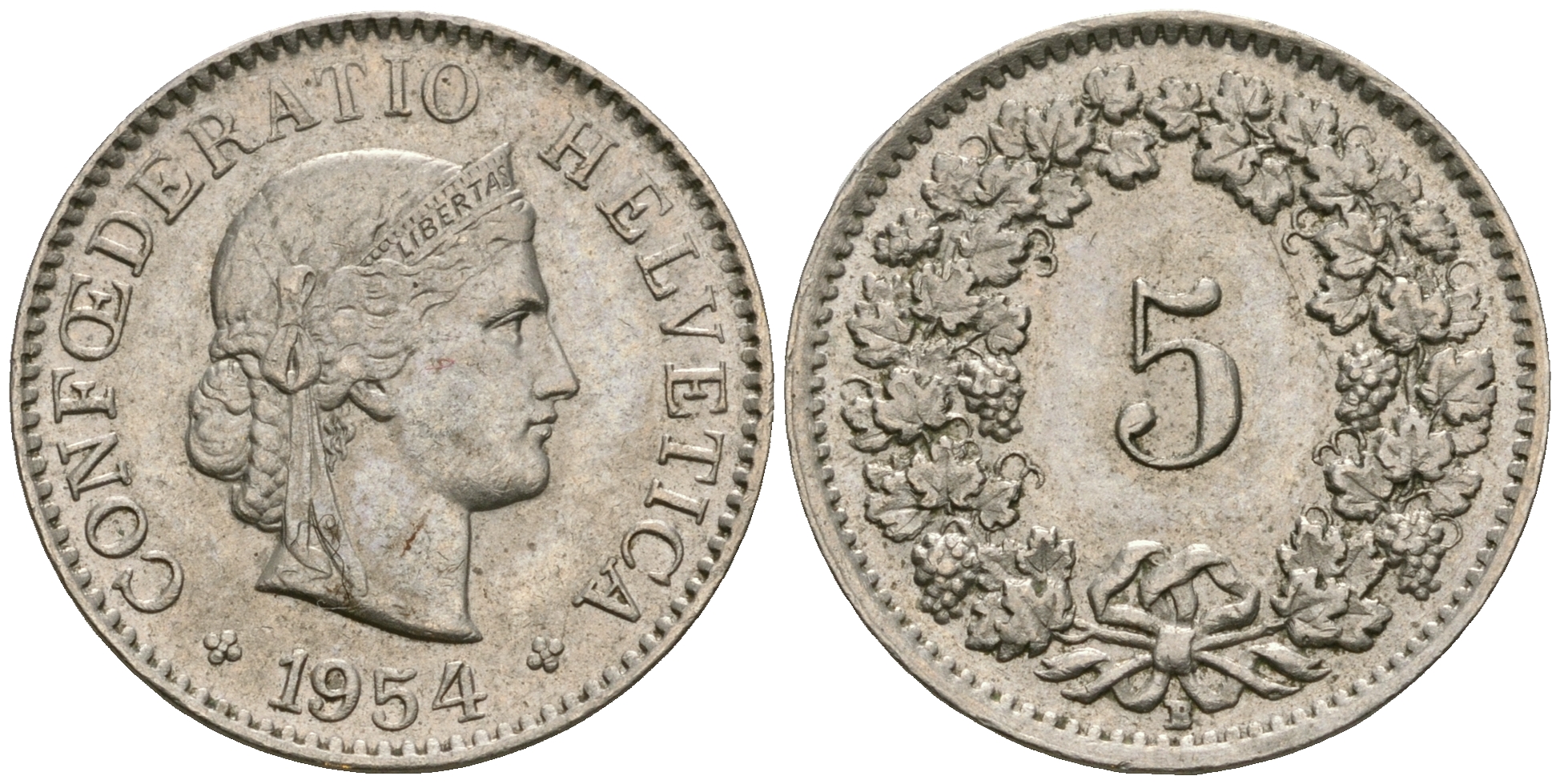 Швейцария 5 раппенов 1954 KM 26 медно-никель aUNC 4608-1048