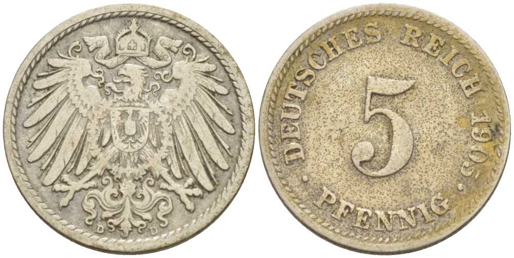 ГЕРМАНИЯ 5 ПФЕННИГОВ 1905 D KM 11, J. 12, Weege 6 медно-никель 206-941