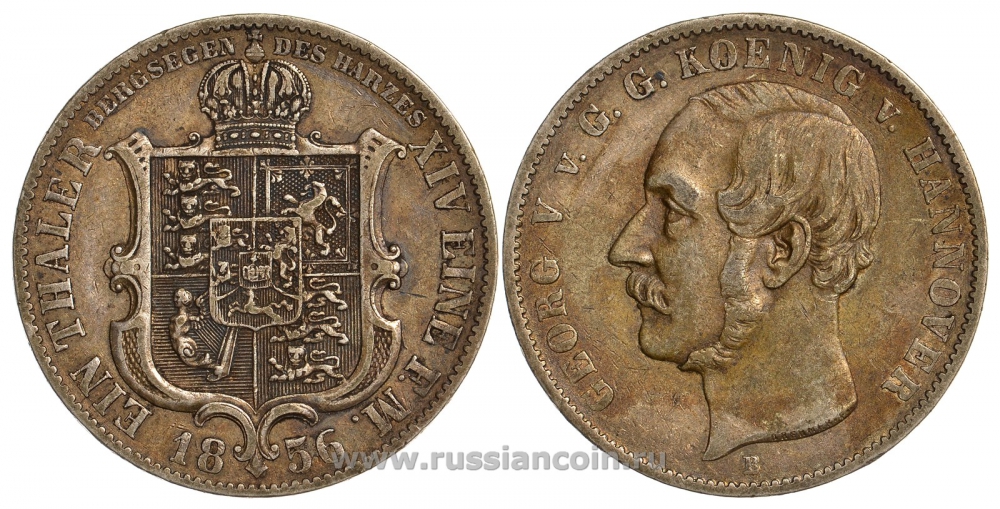 Брауншвейг-Каленберг-Ганновер 1 талер 1856 В, Георг V (1851-1866) КМ 220, Welter 3187, Thun 170, AKS 158, Jaeger 86, Kahnt 237, Davenport 678 серебро 00-00