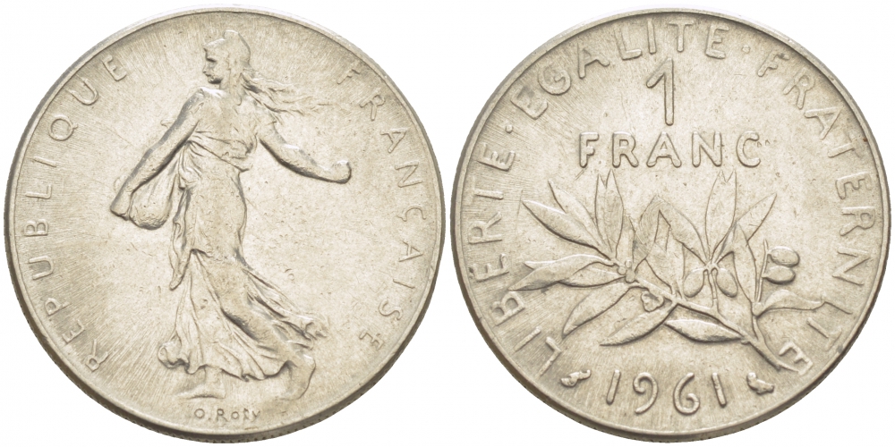 ФРАНЦИЯ 1 ФРАНК 1961 СЕЯТЕЛЬ KM 925.1 никель 4523-157