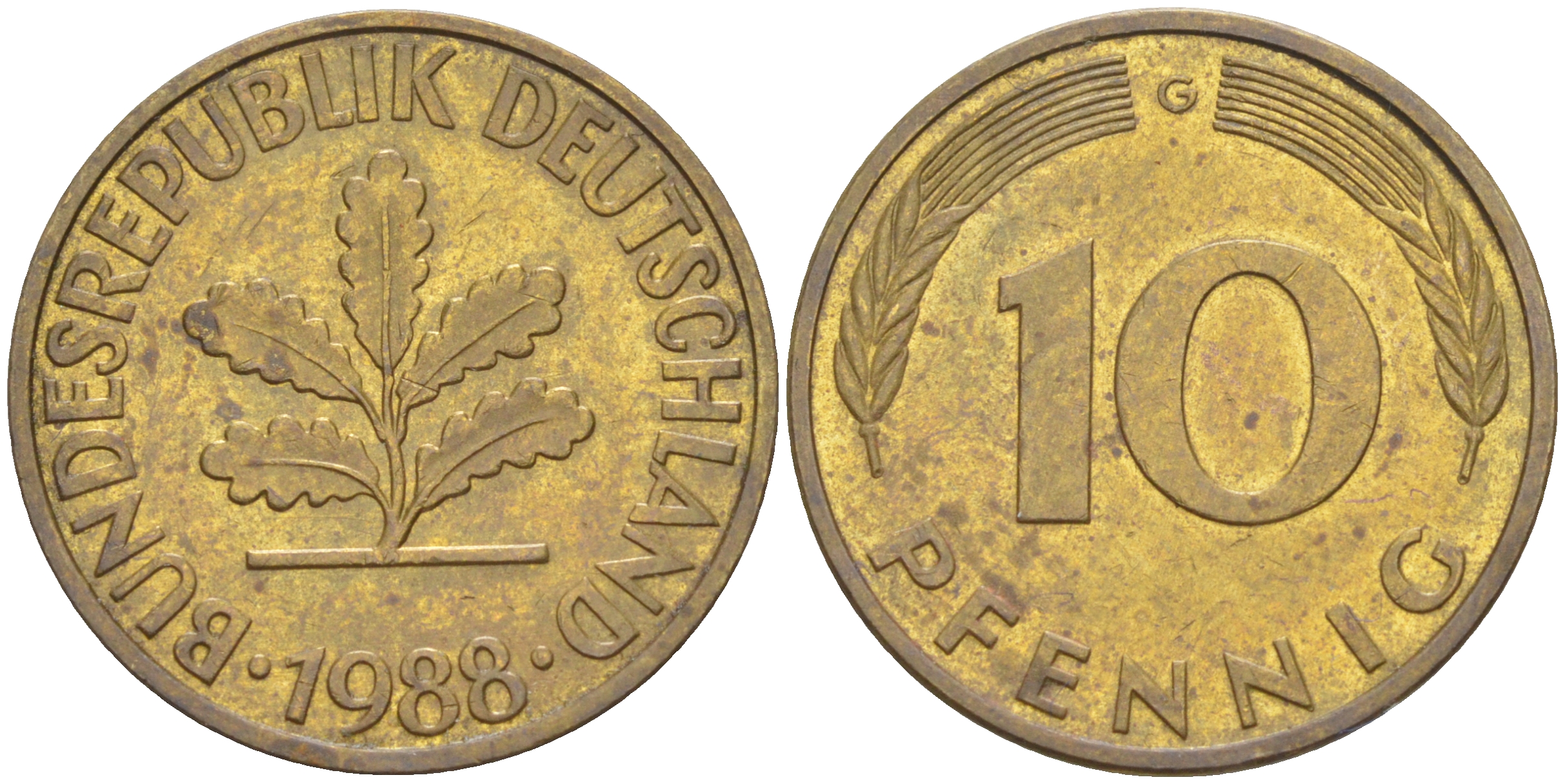 ФРГ 10 пфеннигов 1988 G KM 108, J. 383 сталь плакированная латунью 3459-125