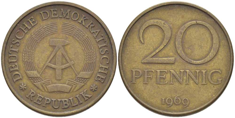 ГДР 20 пфеннигов 1969 А, первый год KM 11 латунь 4402-224