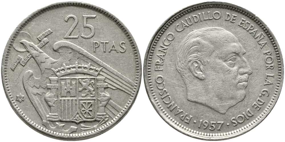 ИСПАНИЯ 25 ПЕСЕТ 1957 (66) ФРАНСИСКО ФРАНКО ДИКТАТОР ИСПАНИИ (1939-1975) KM 787 медно-никель 111-224