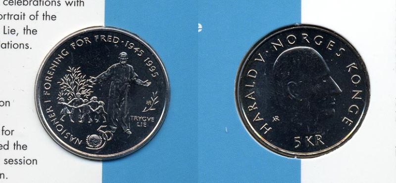 Норвегия 5 крон 1995 50 лет ООН, хоровод UNC 00-00
