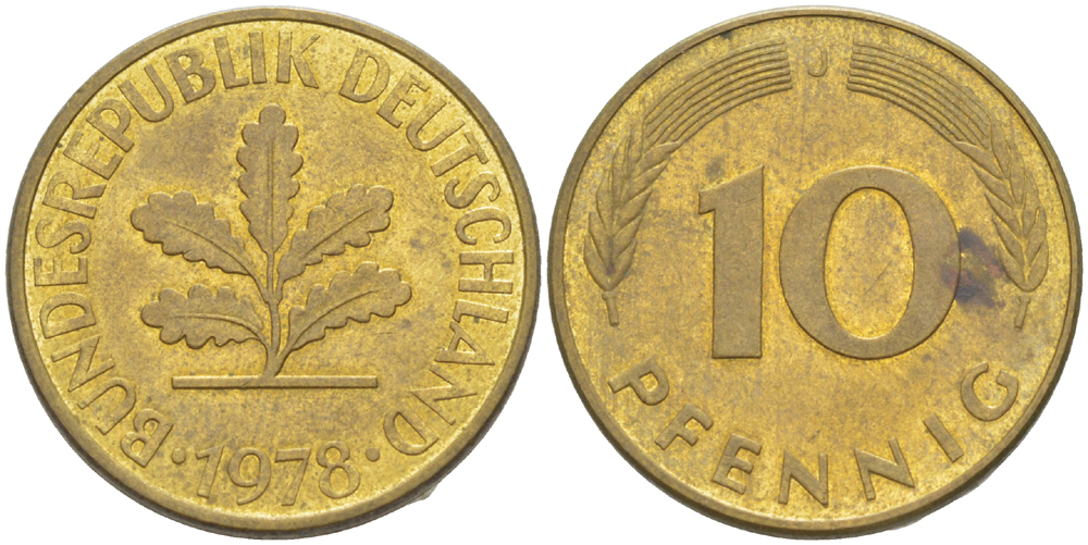 ФРГ 10 ПФЕННИГОВ 1978 J KM 108, J. 383 сталь плакированная латунью 4182-911