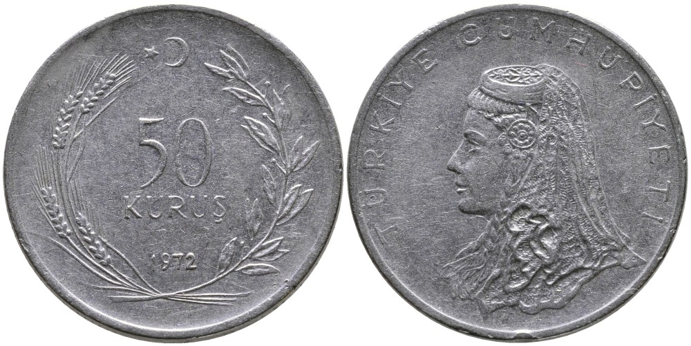 Турция 50 курушей 1972 Анатолийская невеста KM 899 нержавеющая сталь 4541-742