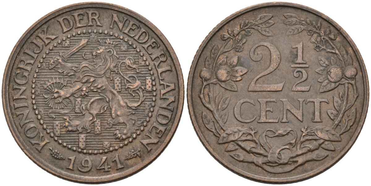 Нидерланды 2 1/2 цента 1941 Вильгельмина (1890-1948) KM 150 бронза 4575-853