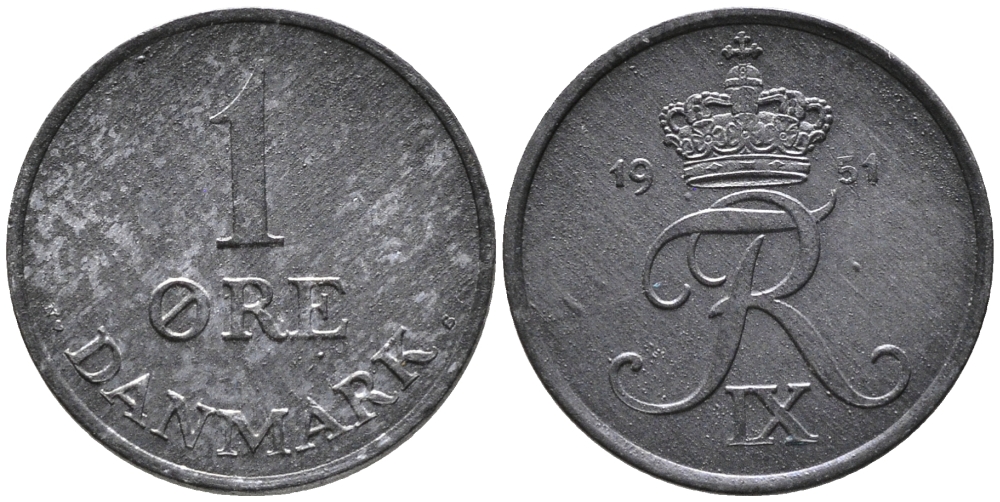 Дания 1 эре 1951 N; S, Фредерик IX (1947-1972) KM 839.1 цинк 100-655