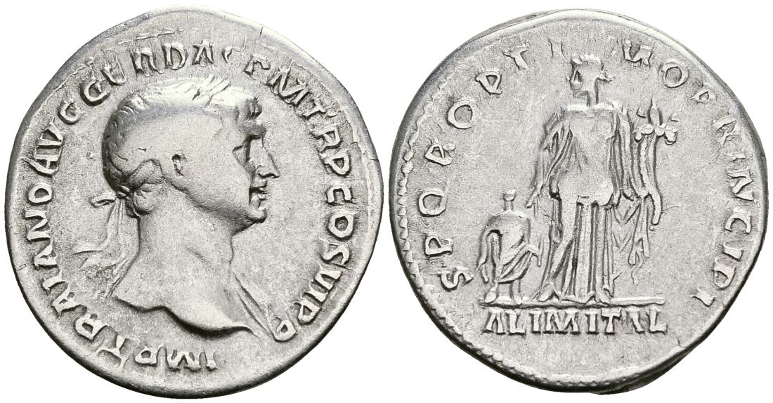 Римская Империя денарий 112 - 114 Траян SPQR OPTIMO PRINCIPI ALIM ITAL Абунданция, персонификация Изобилия, слева ребенок Рим Very fine RIC 243 серебро 1073-4-2-2