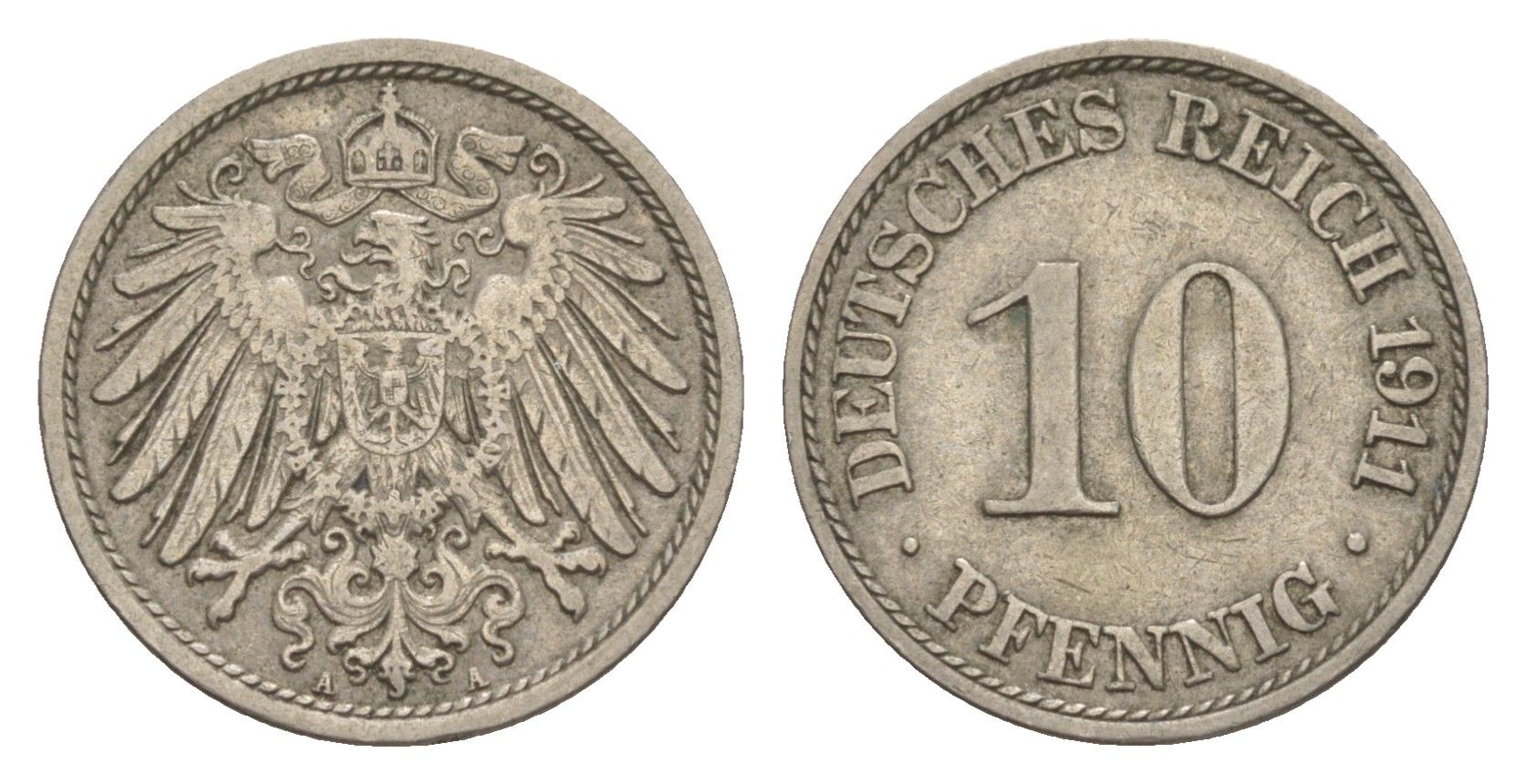 Германия 10 пфеннигов 1911 A, Вильгельм II (1888-1918) KM 12, J. 13 медно-никель 4644-1211