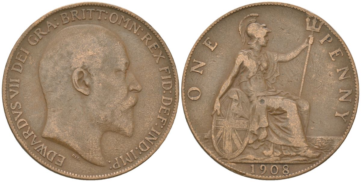 Великобритания 1 пенни 1908 Эдуард VII (1901-1910) KM 794.2, Spink 3990 бронза    4590-1144