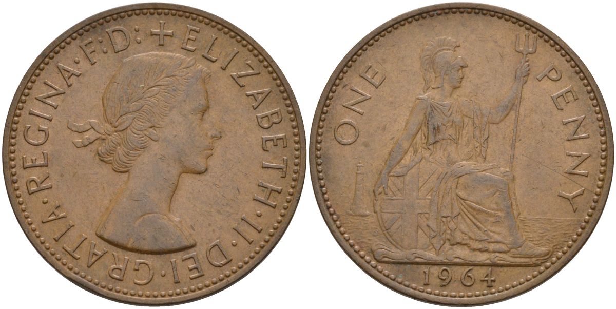 Великобритания 1 пенни 1964 Елизавета II (1952-2022) KM 897, Spink 4157 бронза 4149-822