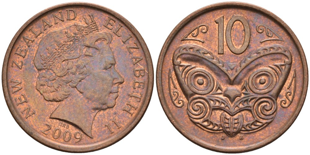 Новая Зеландия 10 центов 2009 маска Маори, Елизавета II (1952-) KM 117а сталь плакированная медью 4179-945