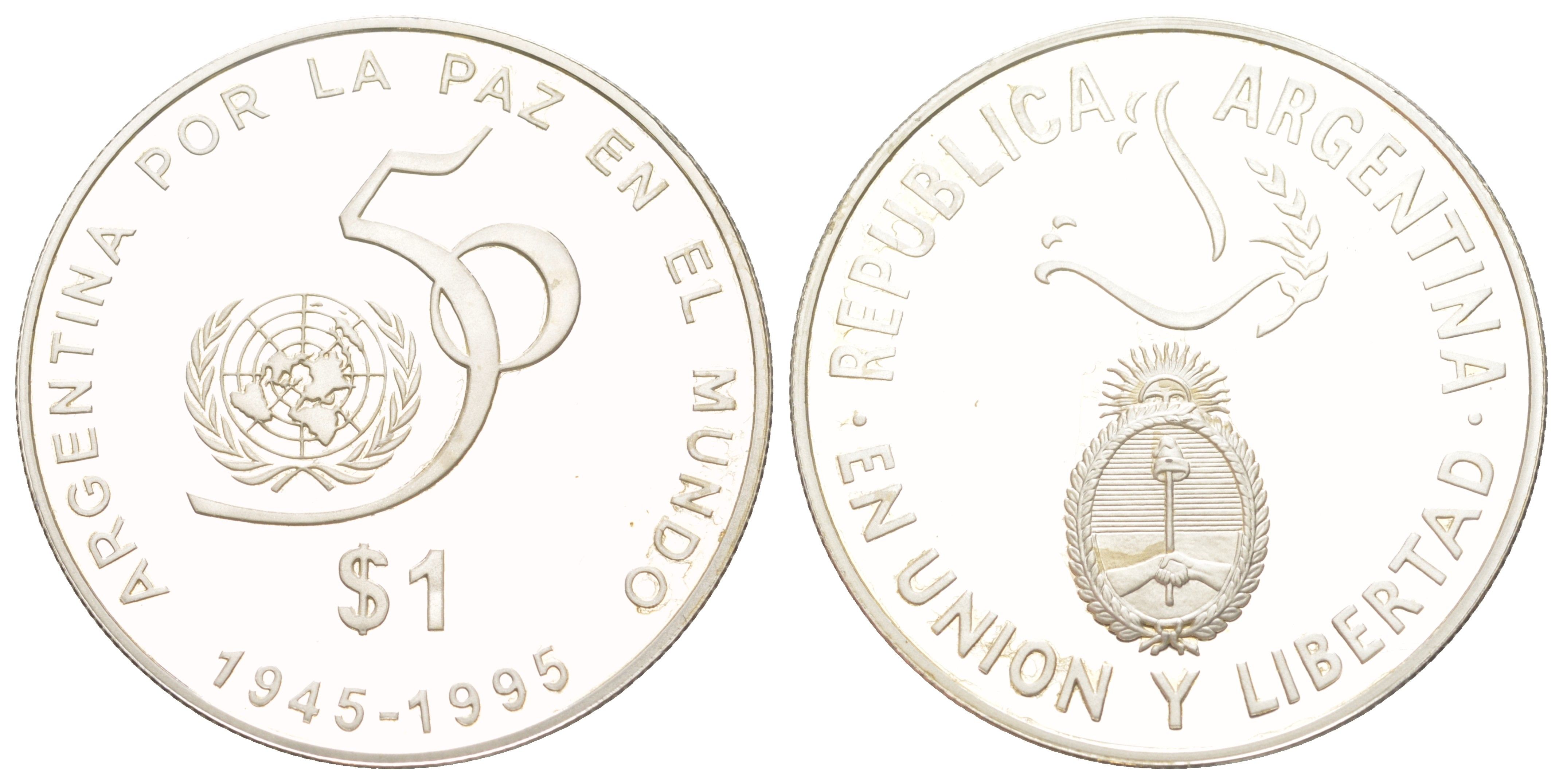 Аргентина 1 песо 1995 50 лет ООН, тираж 500 экземпляров KM 126 серебро PROOF 00-903-06