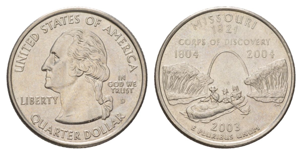 США 25 центов (квотер, 1/4 доллара) 2003 D, Квотер штата Миссури KM 346 медь плакированный медно-никелем UNC 4628-1237