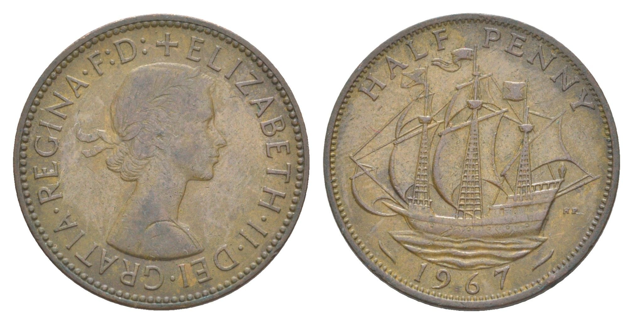 Великобритания 1/2 пенни 1967 Елизавета II (1952-2022) KM?896, Spink?4158 бронза 4641-956