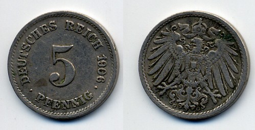 ГЕРМАНИЯ 5 ПФЕННИГОВ 1906 G, KM 11, J. 12 медно-никель 76-327