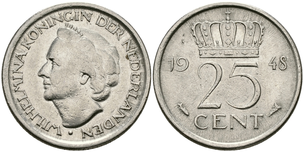 НИДЕРЛАНДЫ 25 ЦЕНТОВ 1948 ВИЛЬГЕЛЬМИНА KM 178 никель 96-111