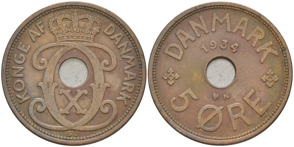 ДАНИЯ 5 ЭРЕ 1934 N; GJ, КРИСТИАН X (1912-1947) KM 828.2 бронза 69-516