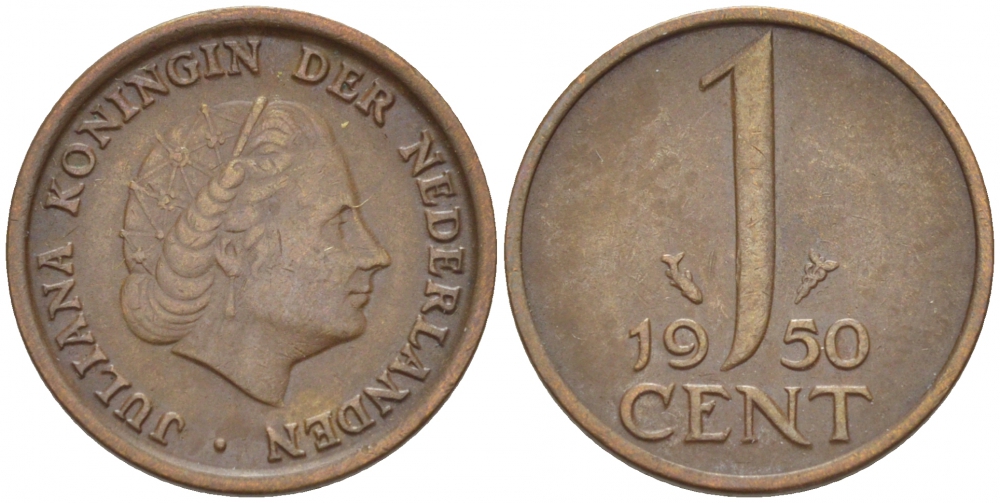 Нидерланды 1 цент 1950 Юлиана (1948-1980) KM 180 бронза 3457-1141