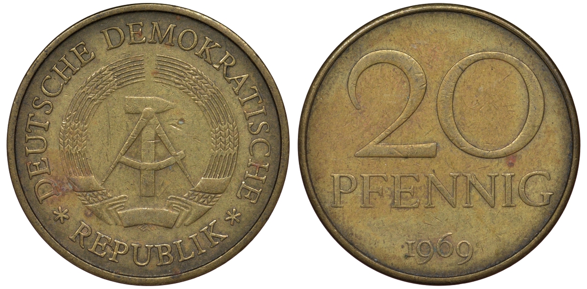 ГДР 20 пфеннигов 1969 А, первый год KM 11 латунь 62-1032