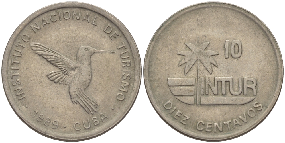Куба 10 сентаво 1989 туристические деньги, INTUR, цифры номинала маленькие KM 415.2а медно-никель 67-1116