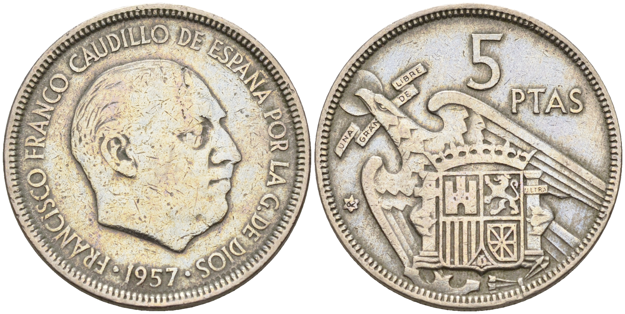 Испания 5 песет 1957 (62) Франсиско Франко (1939-1975) KM 786 медно-никель    4143-214