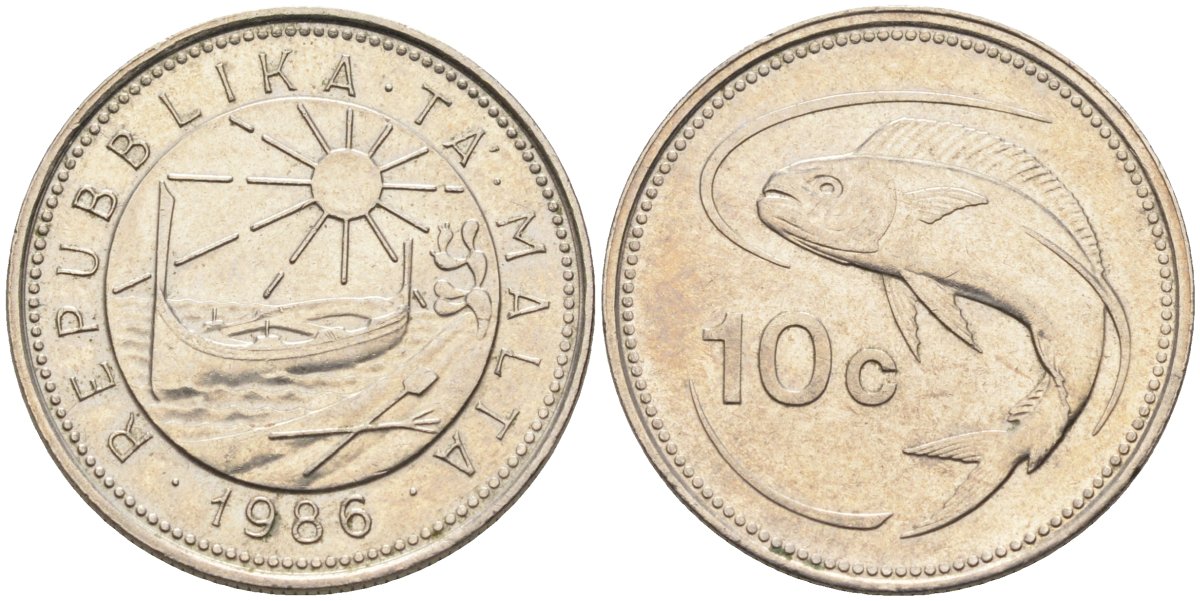 Мальта 10 центов 1986 золотая макрель KM 76 медно-никель 4588-147