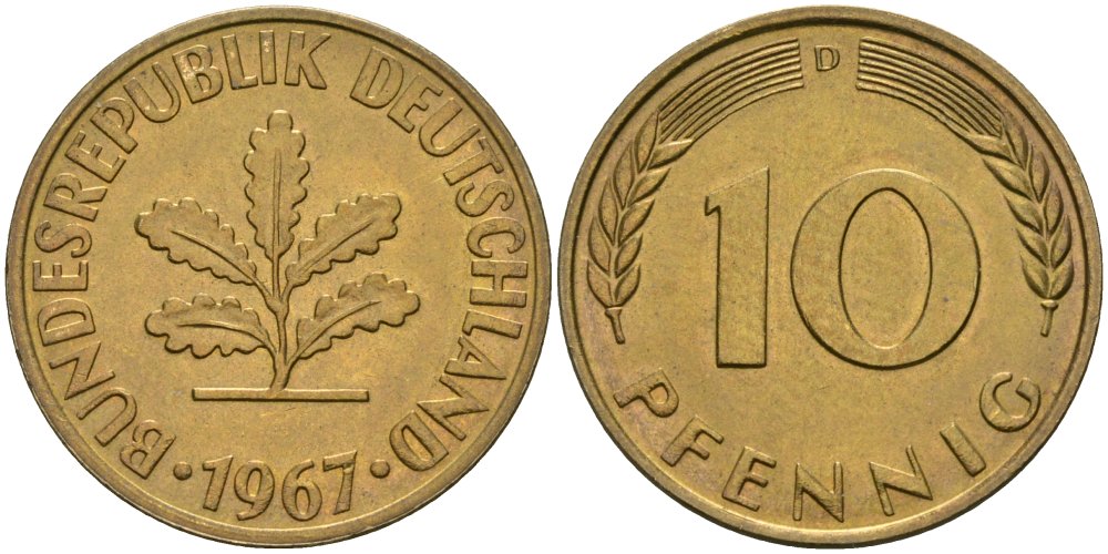 ФРГ 10 пфеннигов 1967 D KM 108, J.383 сталь плакированная латунью UNC 4579-222