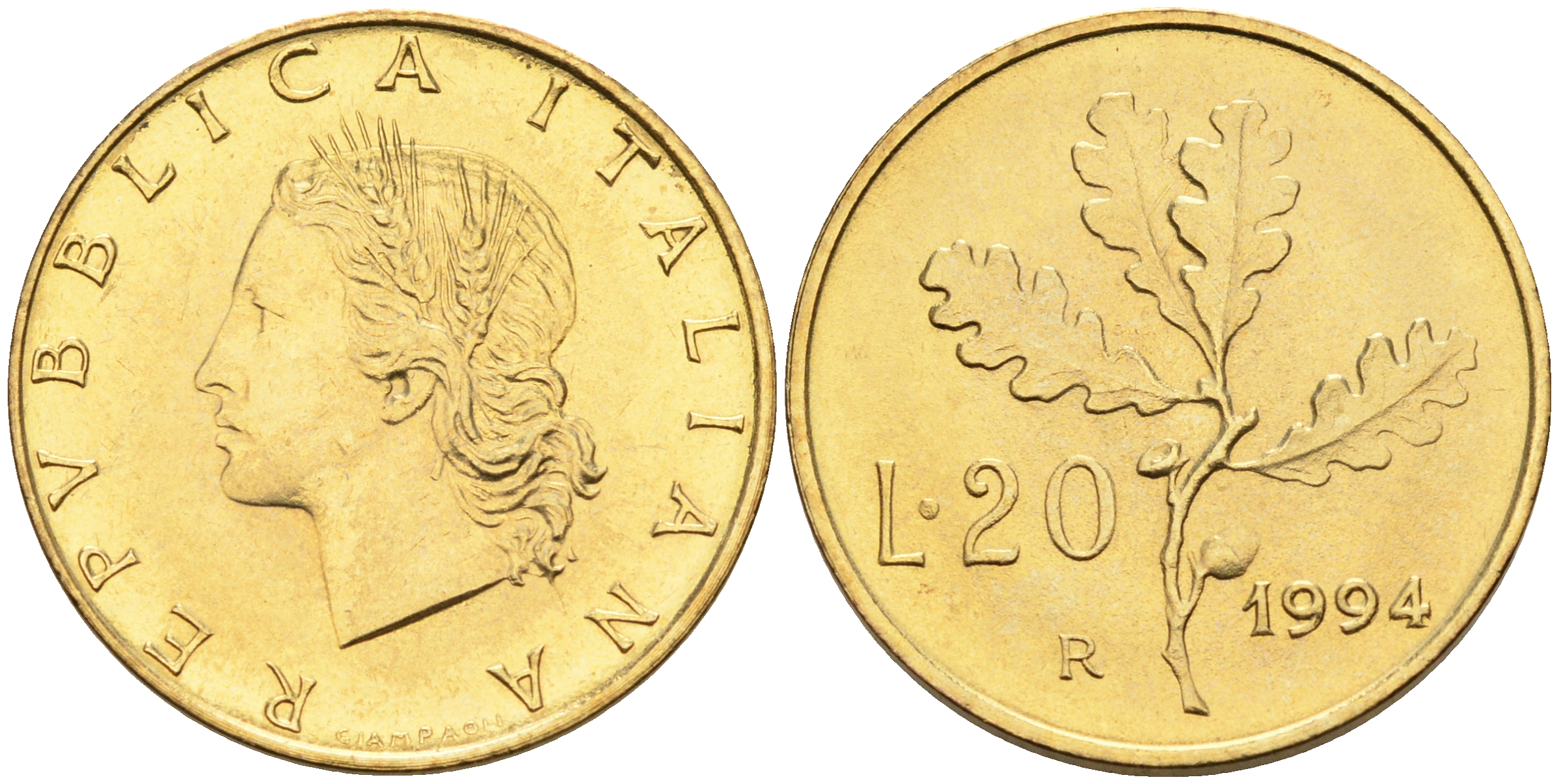 Италия 20 лир 1994 R, дубовый лист KM 97.2 алюминиевая бронза  UNC  4594-862