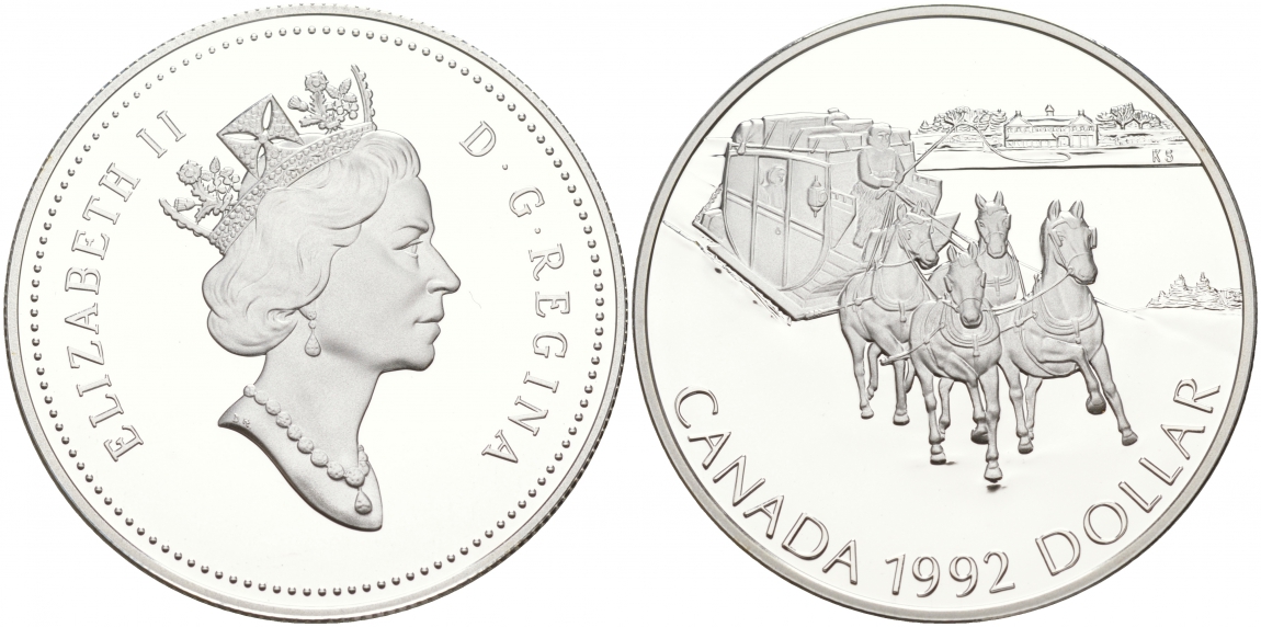 Канада 1 доллар 1992 зимний дилижанс КМ 210 серебро PROOF 02-015-11
