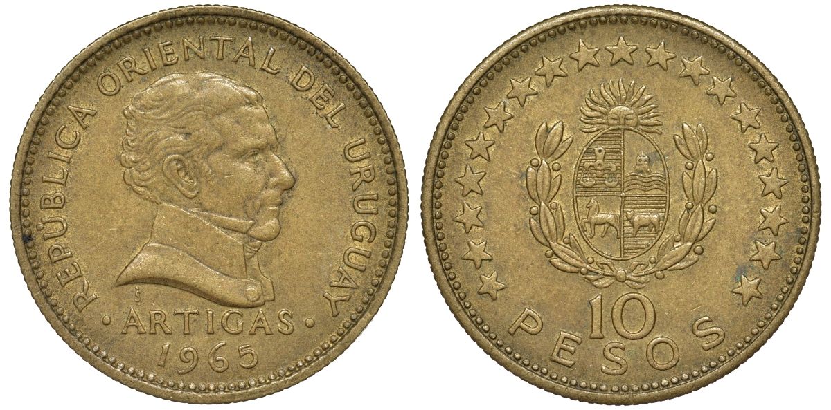 Уругвай 10 песо 1965 KM 48 алюминиевая бронза 4574-1232
