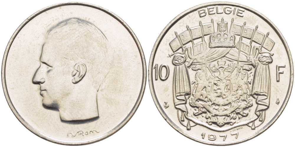БЕЛЬГИЯ 10 ФРАНКОВ 1977 BELGIE, БОДУЭН I (1951-1993) KM 156.1 никель 4110-1423