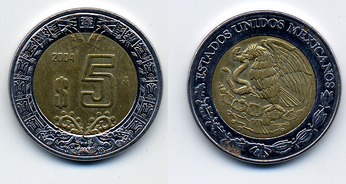 МЕКСИКА 5 ПЕСО 2004 KM 605 биметалл 57-141