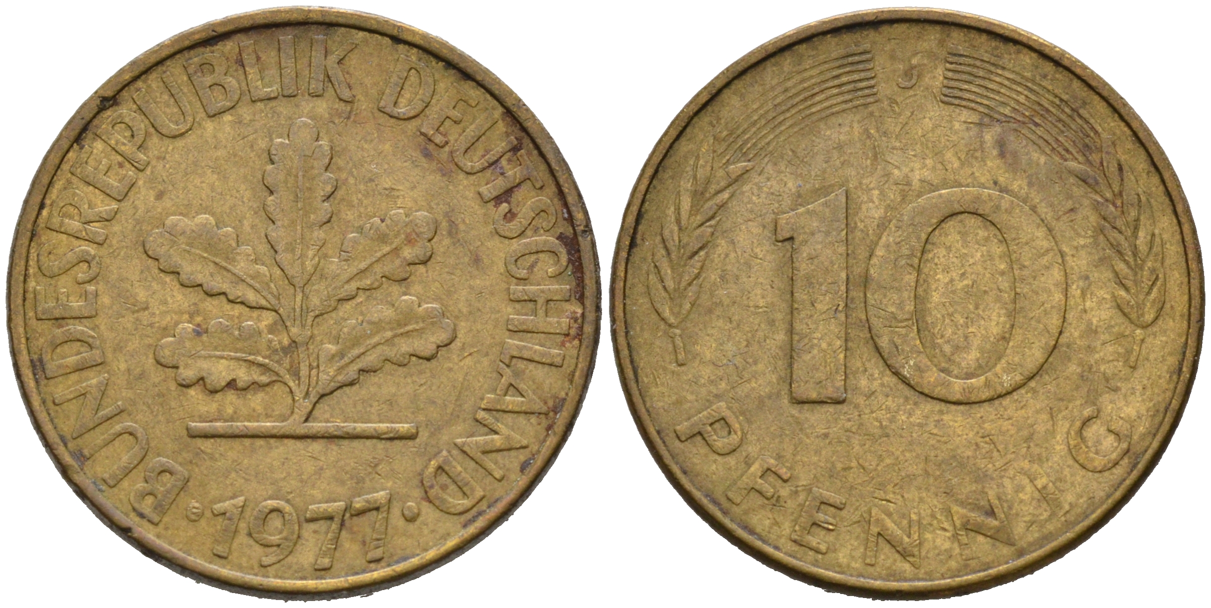 ФРГ 10 ПФЕННИГОВ 1977 J KM 108, J.383 сталь плакированная латунью 75-637