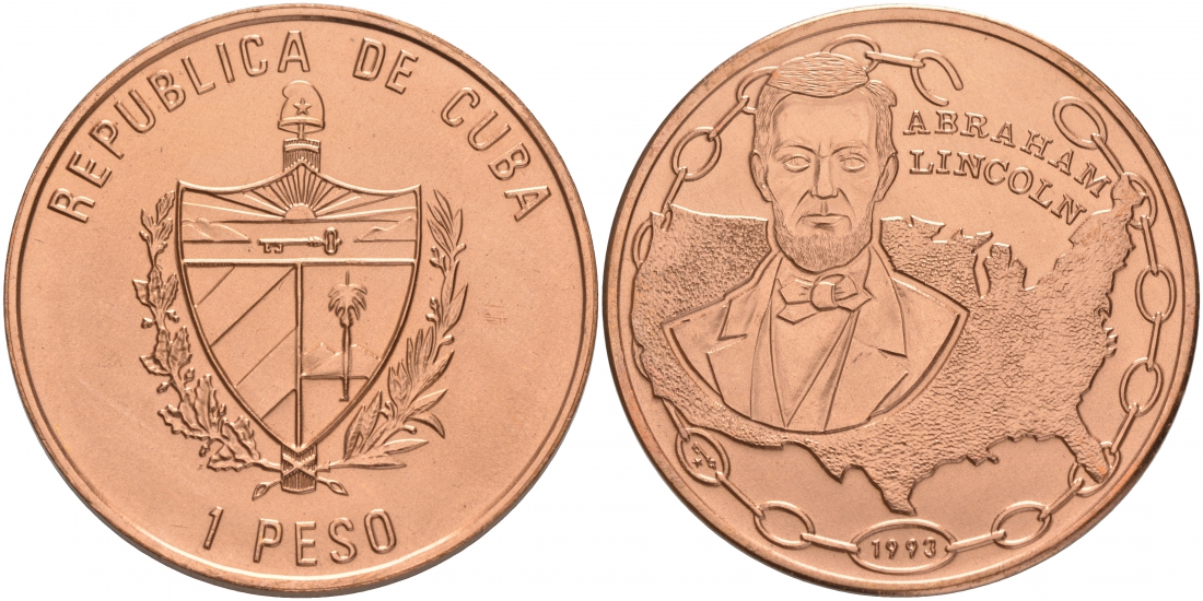 Куба 1 песо 1993 200 лет со дня рождения Авраама Линкольна KM 509 медь UNC M29-04